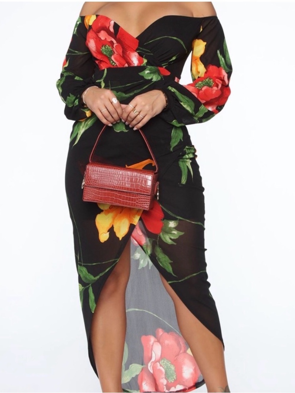 Fashion Nova Black Maxi Dress with Red & Yellow Floral Print